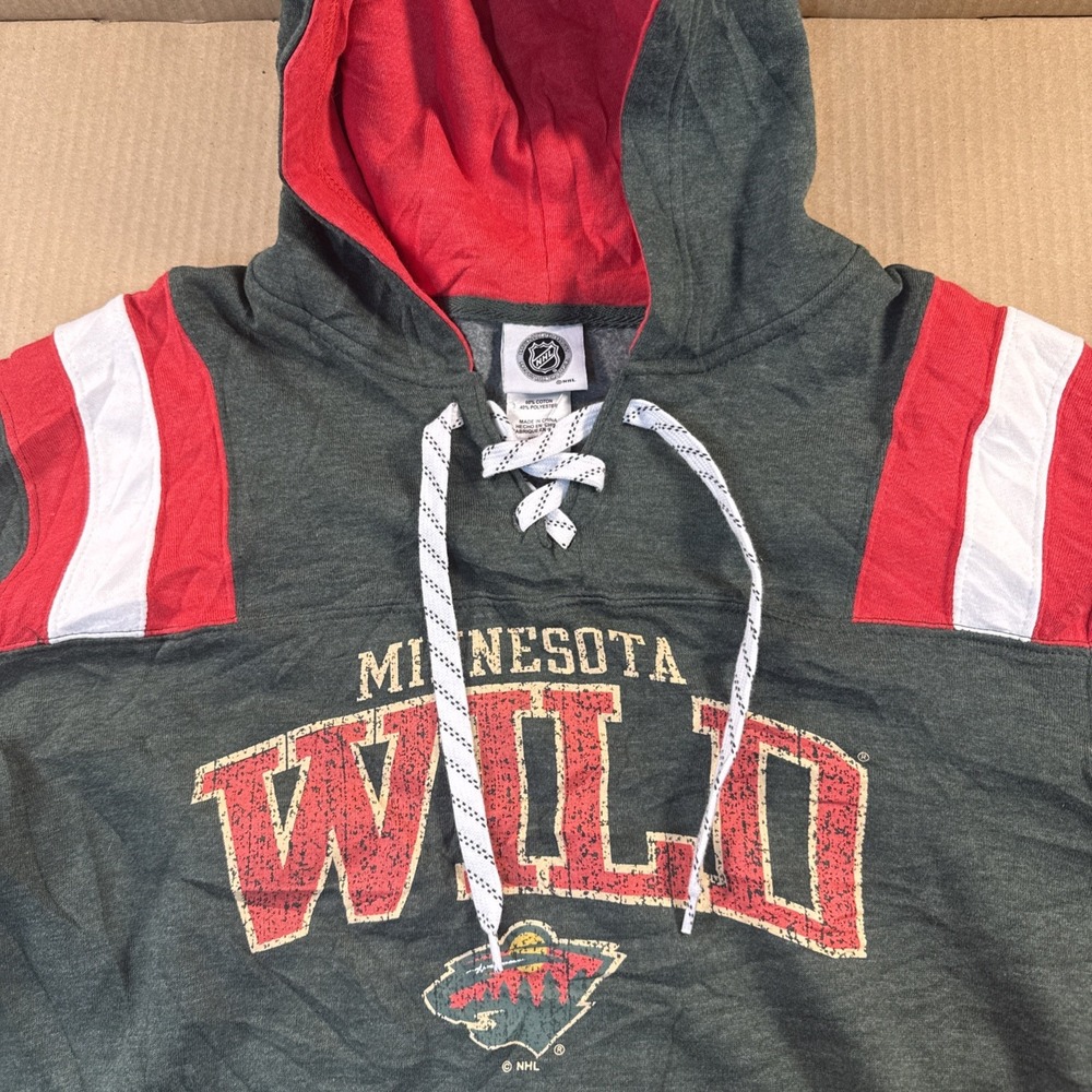 Minnesota Wild Hoodie Mens Med. Green Red NHL Hockey Pullover Sweatshirt Lace Up